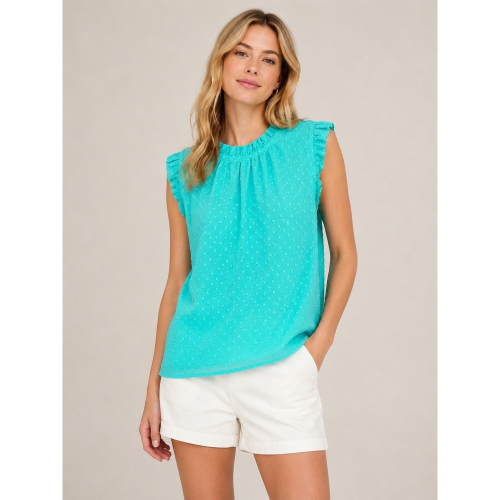J.Crew Womens Swiss Dot Ruffle Sleeveless Blouse XL Turquoise Blue Preppy Top